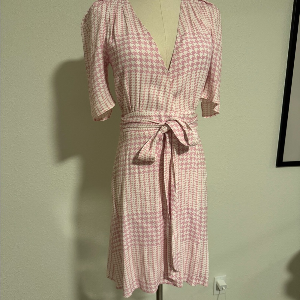 AFRM Pink and White Houndstooth Midi Dress